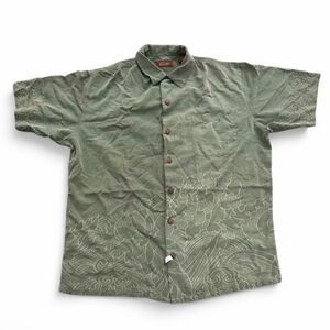 Tasso Elba Silk Green Floral Pattern Hawaiian Polo Button-Up Men's M